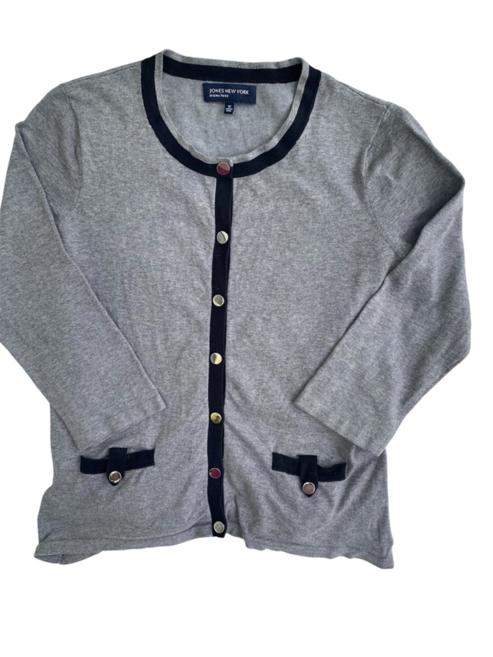 Jones New York Signature Gray Cardigan with Black Gold Trim